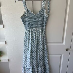 Blue Floral Smocked Midi Dress with Tie Straps